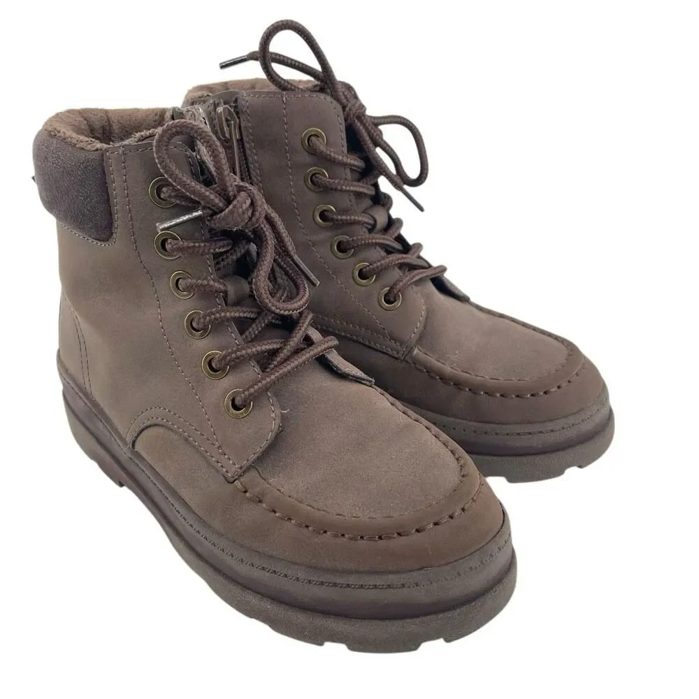 H&M Boys Size 1 Brown Faux Suede Moc Toe Lace Up Zip Chunky Sole Utility Boots